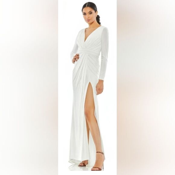 Mac Duggal 26554 V-Neck Long Sleeve High Slit Gown NWOT size 14 White - Picture 1 of 6